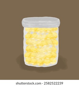 Illustration of Nastar Cookies in a Transparent Jar, Golden Yellow Color, with Brown Background. Perfect for Holiday and Festive Celebrations.