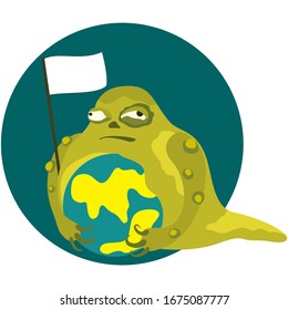 Illustration a nasty creature. It holds a planet and a banner