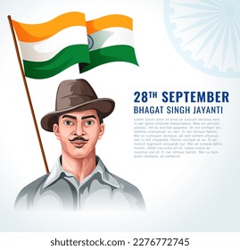 Ilustración de Héroe de la Nación y Luchador de la Libertad Bhagat Singh Vector. Antecedentes en India con Héroe de la Nación y bandera india.