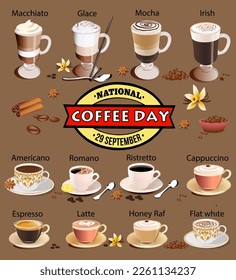 Illustration of a national coffee day greeting card with a set of different types of coffee