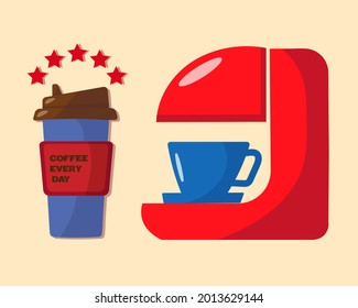 Illustration for National Coffee Day in the USA. Coffee maker with coffee cup and paper cup. Vector composition on a beige background for advertising coffee drinks. Flat design.