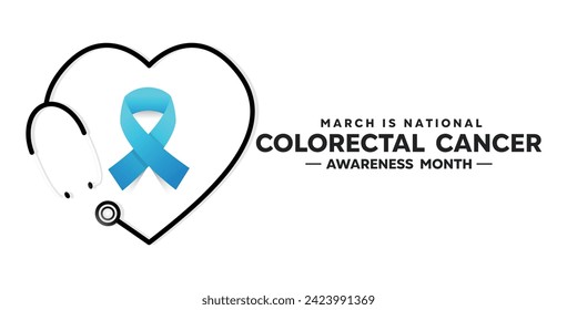 Illustration of the National Colorectal Cancer Awareness Month vector. Banner with heart-shaped stestoscope and blue ribbon. White Background.