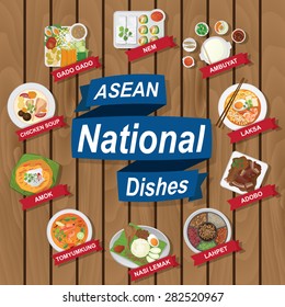 illustration of National dishes of ASEAN on wooden background. 