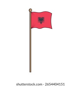 Ilustração da bandeira nacional da Albânia exibida na vertical em um mastro de madeira. A bandeira apresenta um campo vermelho com um símbolo de águia de duas cabeças preto no centro.