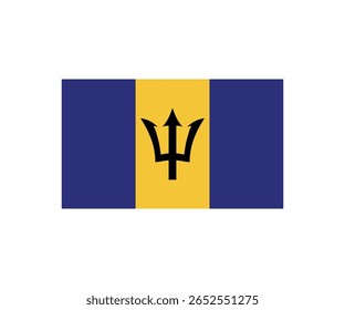 Illustration of the national flag of Barbados. The flag features three vertical bands of ultramarine, gold, and ultramarine, with a broken black trident head (the "Trident of Neptune") centered in the