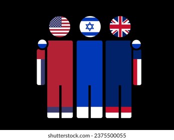 Illustration of national flag friendship embracing, USA, Israel, and UK. Isolated black background.