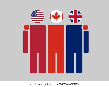 Illustration of national flag friendship embracing, USA, Canada, and UK. Isolated vector, gray background.