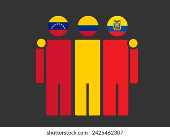 Illustration of national flag friendship embracing, Venezuela, Colombia, and Ecuador. Isolated vector, gray background.