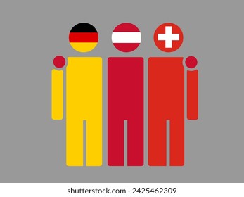 Illustration der Nationalflaggenfreundschaft, die Deutschland, Österreich und die Schweiz umfasst. Isolierter Vektor, grauer Hintergrund.