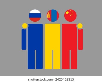 Illustration of national flag friendship embracing, Russia, Mongolia, and China. Isolated vector, gray background.