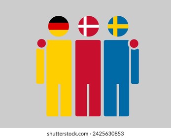 Illustration of national flag friendship embracing, Germany, Denmark, and Sweden. Isolated vector, grey background.