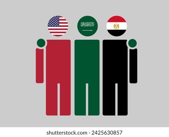 Illustration of national flag friendship embracing, USA, Saudi Arabia, and Egypt. Isolated vector, gray background.