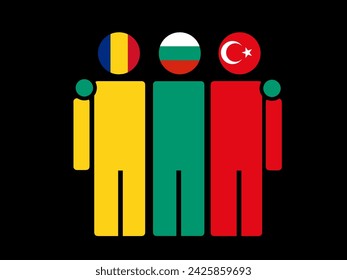 Illustration of national flag friendship embracing, Romania, Bulgaria, and Turkey. Isolated vector, black background.