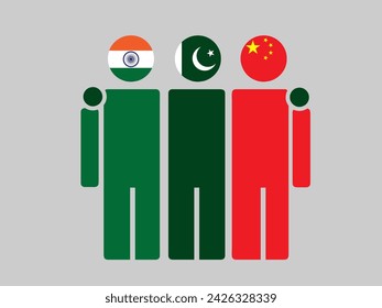 Illustration of national flag friendship embracing, India, Pakistan, and China. Isolated vector, gray background.