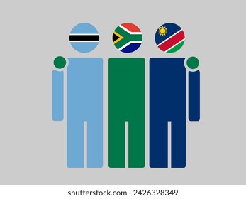 Illustration of national flag friendship embracing, Botswana, South Africa, and Namibia. Isolated vector, gray background.