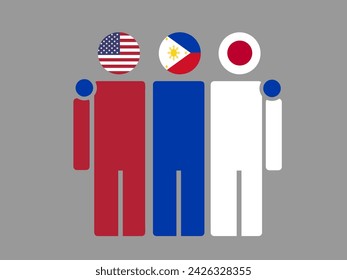 Illustration of national flag friendship embracing, USA, Philippines, and Japan. Isolated vector, gray background.