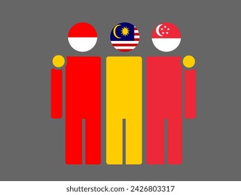 Illustration of national flag friendship embracing, Indonesia, Malaysia, and Singapore. Isolated vector, gray background.