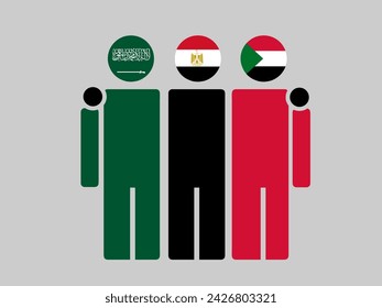 Illustration of national flag friendship embracing, Saudi Arabia, Egypt, and Sudan. Isolated vector, gray background.