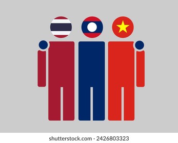 Illustration of national flag friendship embracing, Thailand, Laos, and Vietnam. Isolated vector, gray background.