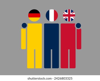 Illustration of national flag friendship embracing, Germany, France, and UK. Isolated vector, gray background.