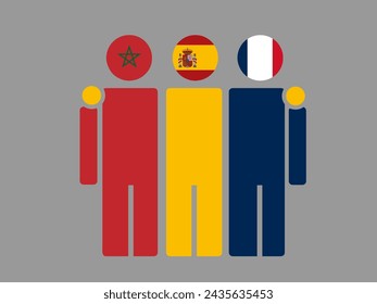 Illustration of national flag friendship embracing, Morocco, Spain, and France. Isolated vector, gray background.
