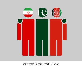 Illustration of national flag friendship embracing, Iran, Pakistan, and Afghanistan. Isolated vector, gray background.