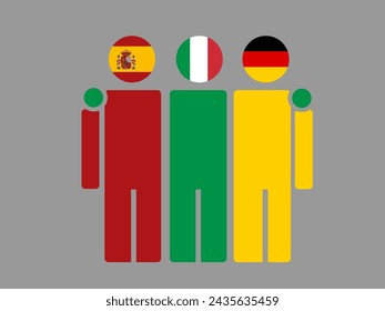 Illustration of national flag friendship embracing, Spain, Italy, and Germany. Isolated vector, gray background.