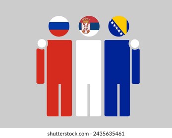 Illustration of national flag friendship embracing, Russia, Serbia, Bosnia and Herzegovina. Isolated vector, gray background.