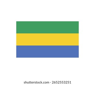 Ilustração da bandeira nacional do Gabão. A bandeira consiste em três faixas horizontais: verde (superior), amarelo (meio) e azul (inferior). O verde representa as florestas do país, o símbolo amarelo
