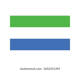 Ilustração da bandeira nacional da Serra Leoa. A bandeira consiste de três faixas horizontais em verde, branco e azul. Simboliza a agricultura e a terra (verde), a unidade e a justiça (branco), um