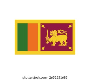 Ilustração da bandeira nacional do Sri Lanka. Também conhecida como a Bandeira do Leão, apresenta um leão dourado segurando uma espada sobre um fundo maroon, flanqueado por quatro folhas douradas e duas listras verticais