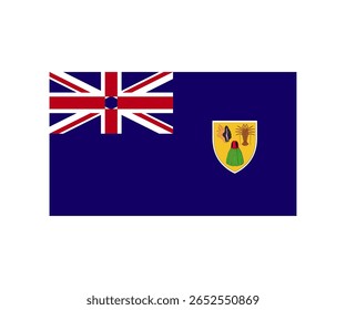 Ilustração da bandeira nacional das Ilhas Turcas e Caicos. A bandeira apresenta um Pavilhão Azul com a Union Jack no cantão e o brasão territorial no lado da mosca, mostrando uma concha s