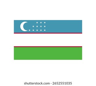 Illustration of the national flag of Uzbekistan. The flag features three horizontal bands of blue, white, and green separated by thin red lines, with a white crescent moon and twelve white stars in th
