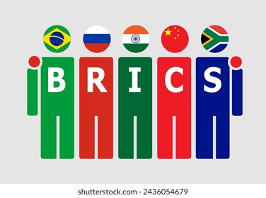 Illustration of national flags embracing. BRICS: Acronym for Brazil, Russia, India, China, and South Africa. Isolated vector, gray background.