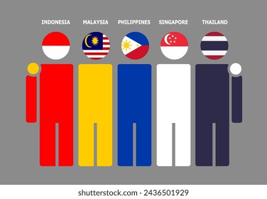 Illustration of national flags embracing. Indonesia, Malaysia, Philippines, Singapore, and Thailand. Isolated vector, gray background.