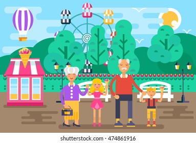 The illustration for national grandparents day - grandfather, grandmother and two kids are happily spending time together in the park with air balloons. Flat design vector illustration. Good colors.  