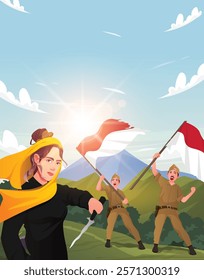 
illustration of national heroes day with soldiers waving flags