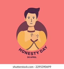 Illustration for National Honesty Day with a young man holding his hands on his heart, symbolizing honesty, isolated on a red background, suitable for card design.