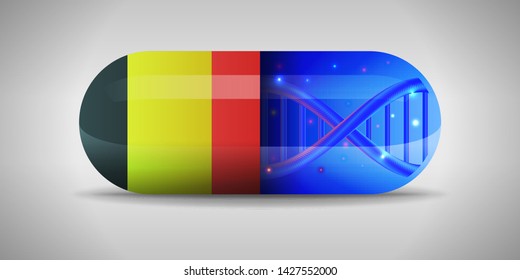 Illustration of the national pharmaceuticals of Belgium. Drug production in Belgium. National flag of Belgium on capsule with gene