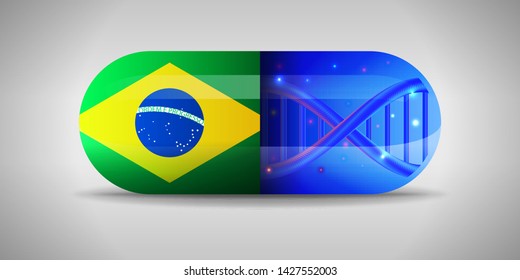 Illustration of the national pharmaceuticals of Brazil. Drug production in Brazil. National flag of Brazil on capsule with gene