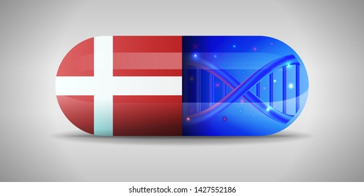 Illustration of the national pharmaceuticals of Denmark. Drug production in Denmark. National flag of Denmark on capsule with gene