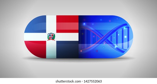 Illustration of the national pharmaceuticals of Dominican Republic. Drug production in Dominican Republic. National flag of Dominican Republic on capsule with gene