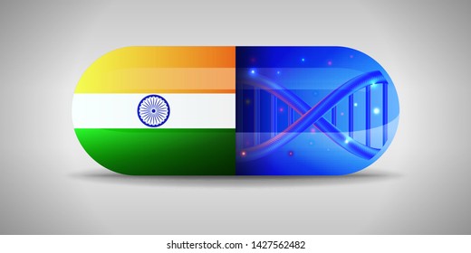 Illustration of the national pharmaceuticals of India. Drug production in India. National flag of India on capsule with gene