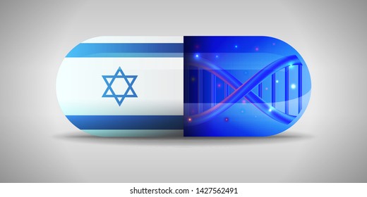 Illustration of the national pharmaceuticals of Israel. Drug production in Israel. National flag of Israel on capsule with gene