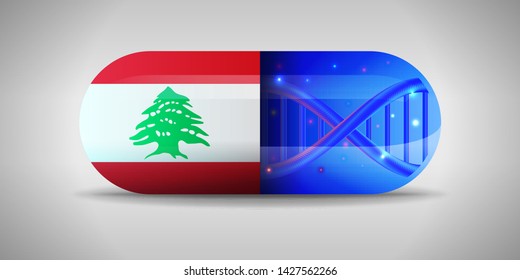 Illustration of the national pharmaceuticals of Lebanon. Drug production in Lebanon. National flag of Lebanon on capsule with gene