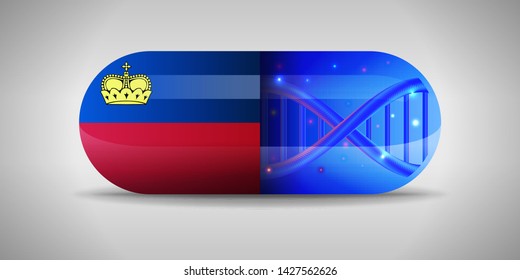 Illustration of the national pharmaceuticals of Liechtenstein. Drug production in Liechtenstein. National flag of Liechtenstein on capsule with gene