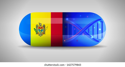 Illustration of the national pharmaceuticals of Moldova. Drug production in Moldova. National flag of Moldova on capsule with gene