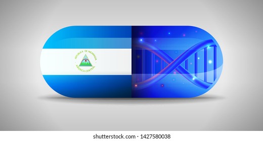 Illustration of the national pharmaceuticals of Nicaragua. Drug production in Nicaragua. National flag of Nicaragua on capsule with gene