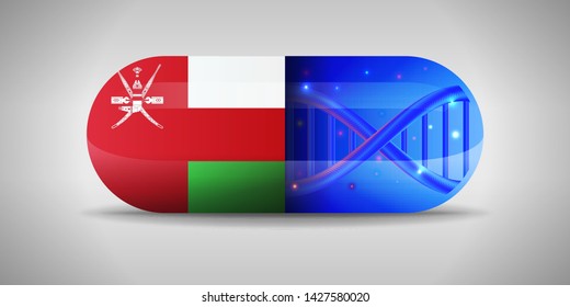 Illustration of the national pharmaceuticals of Oman. Drug production in Oman. National flag of Oman on capsule with gene