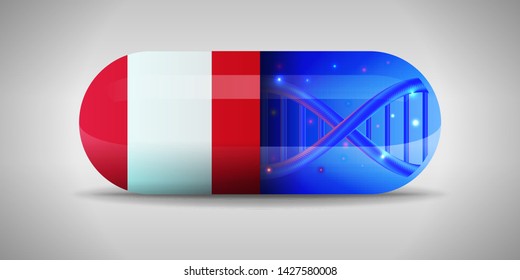 Illustration of the national pharmaceuticals of Peru. Drug production in Peru. National flag of Peru on capsule with gene